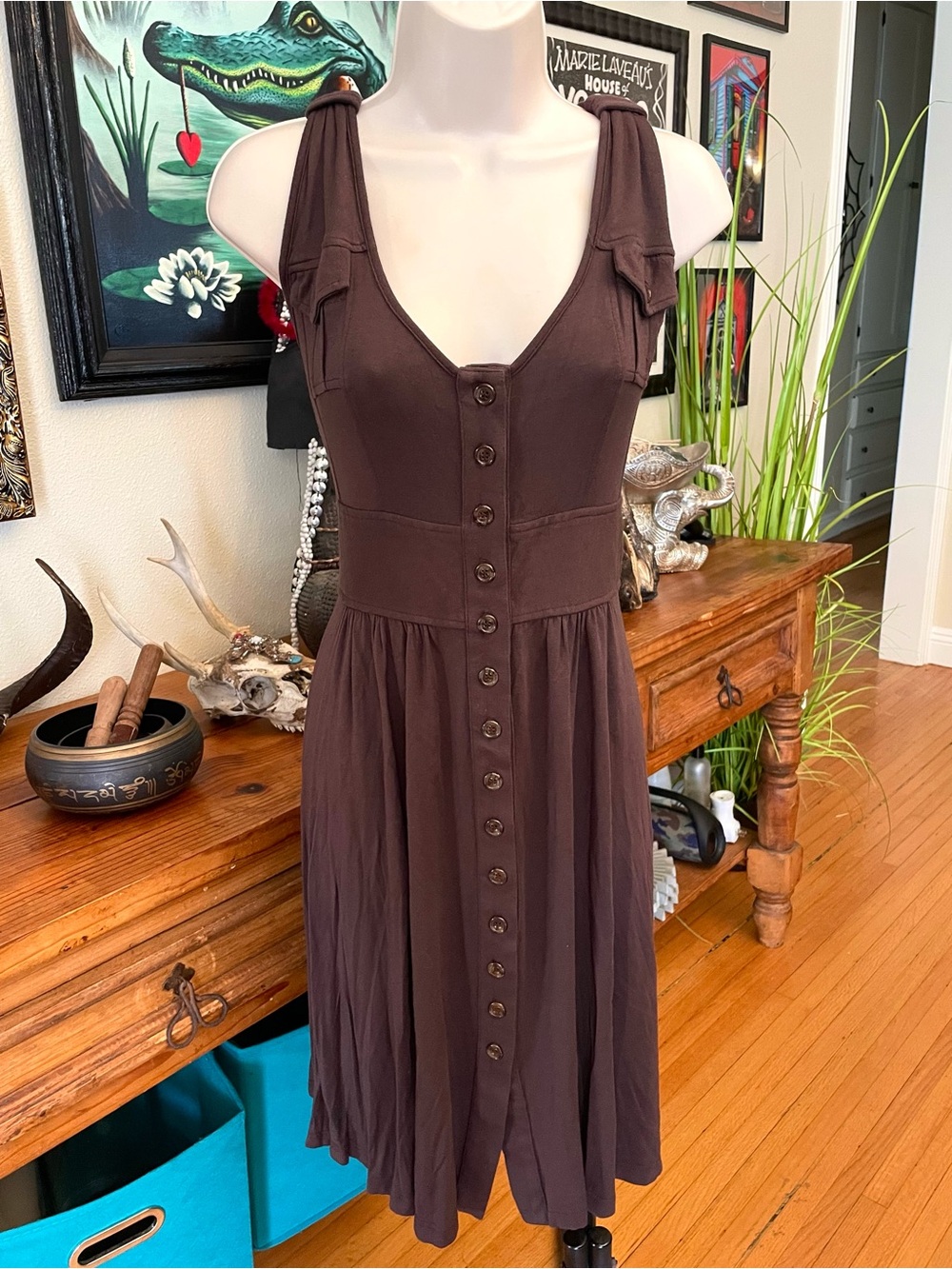 Karen Alexander Boston Proper Brown Button-Down Midi Dress 10 Y2K